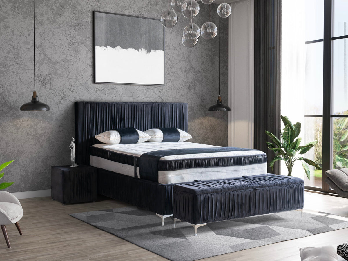 Pat Boxspring WRINKLE cu ladă de depozitare, saltea premium, structură metalică