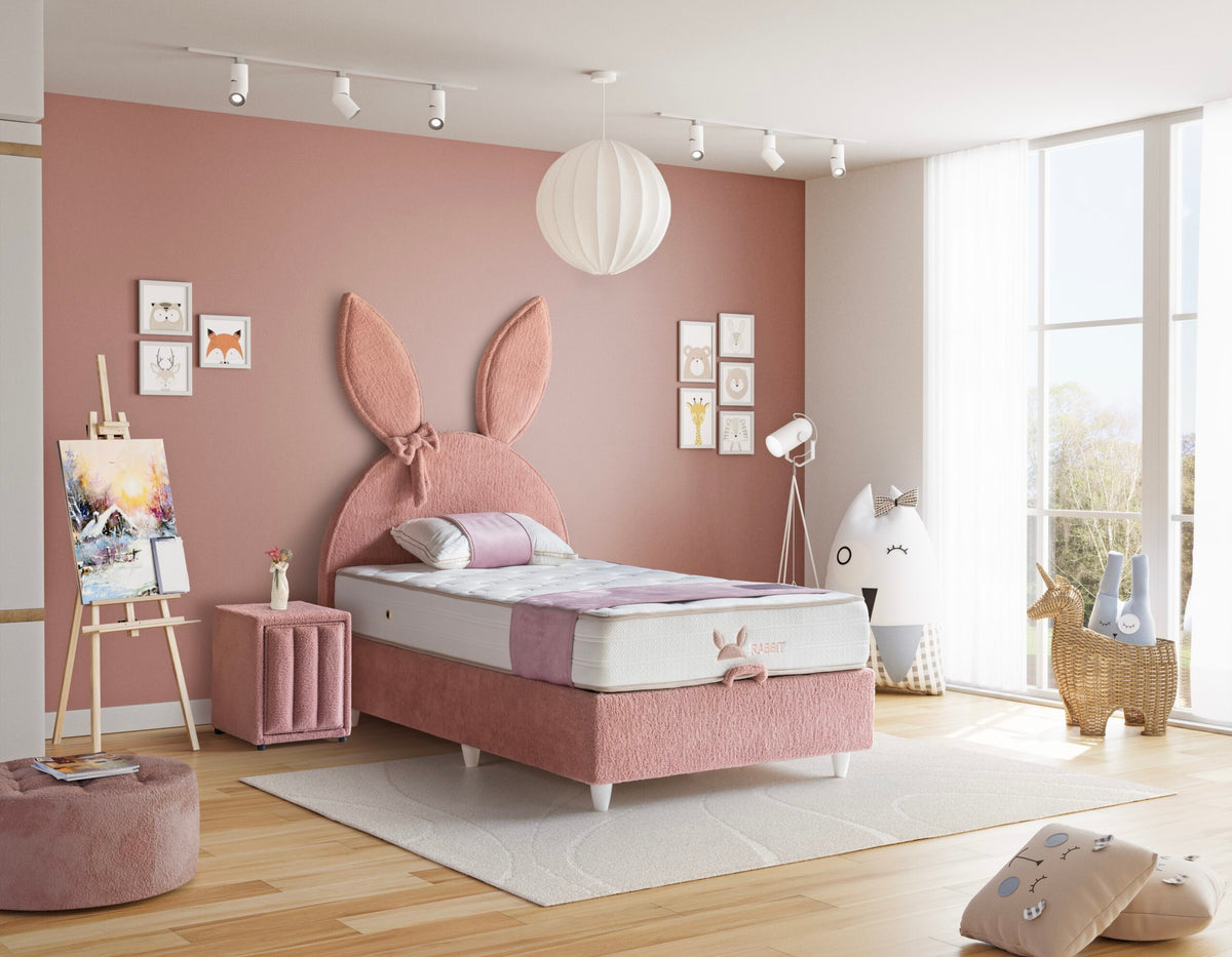 Pat RABBIT 120×200 cm, tapițat premium, design iepuraș, roz, dormitor copii