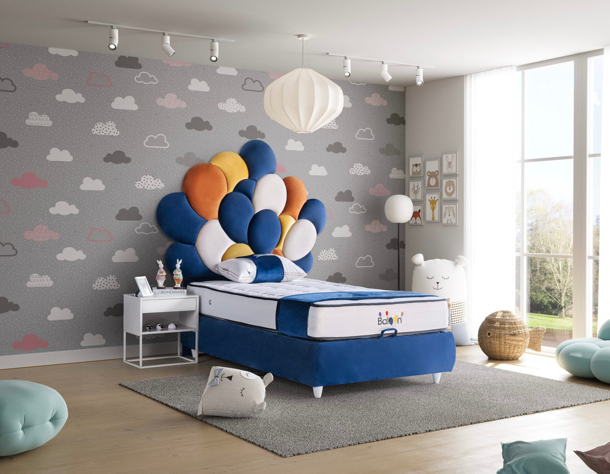 Pat BALOON 120×200 cm, tapițat premium, tăblie baloane colorate, dormitor copii
