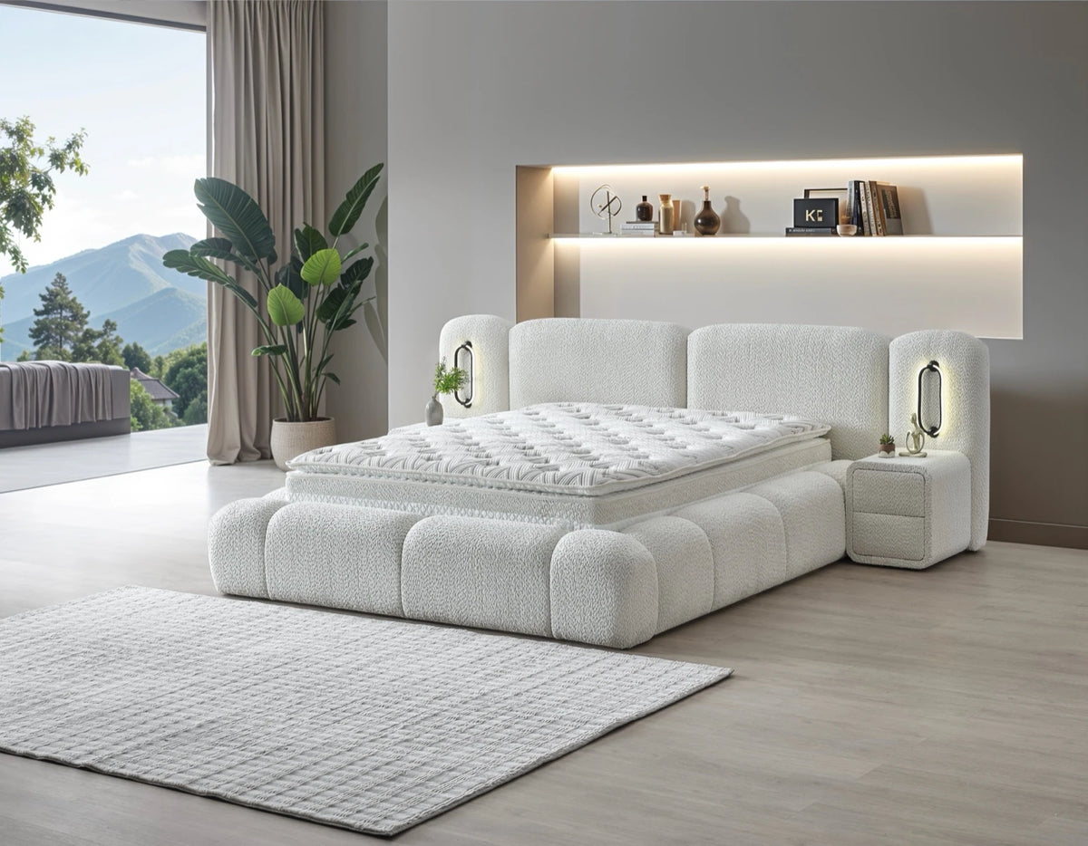 Pat Boxspring MERIVO PRO cu ladă de depozitare, structură metalică, saltea premium cu topper integrat, LED-uri incorporate