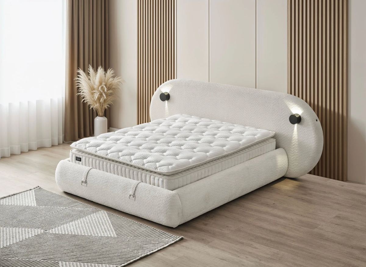 Pat Boxspring THALUMA PRO cu ladă de depozitare, structură metalică, saltea premium cu topper integrat, LED-uri incorporate