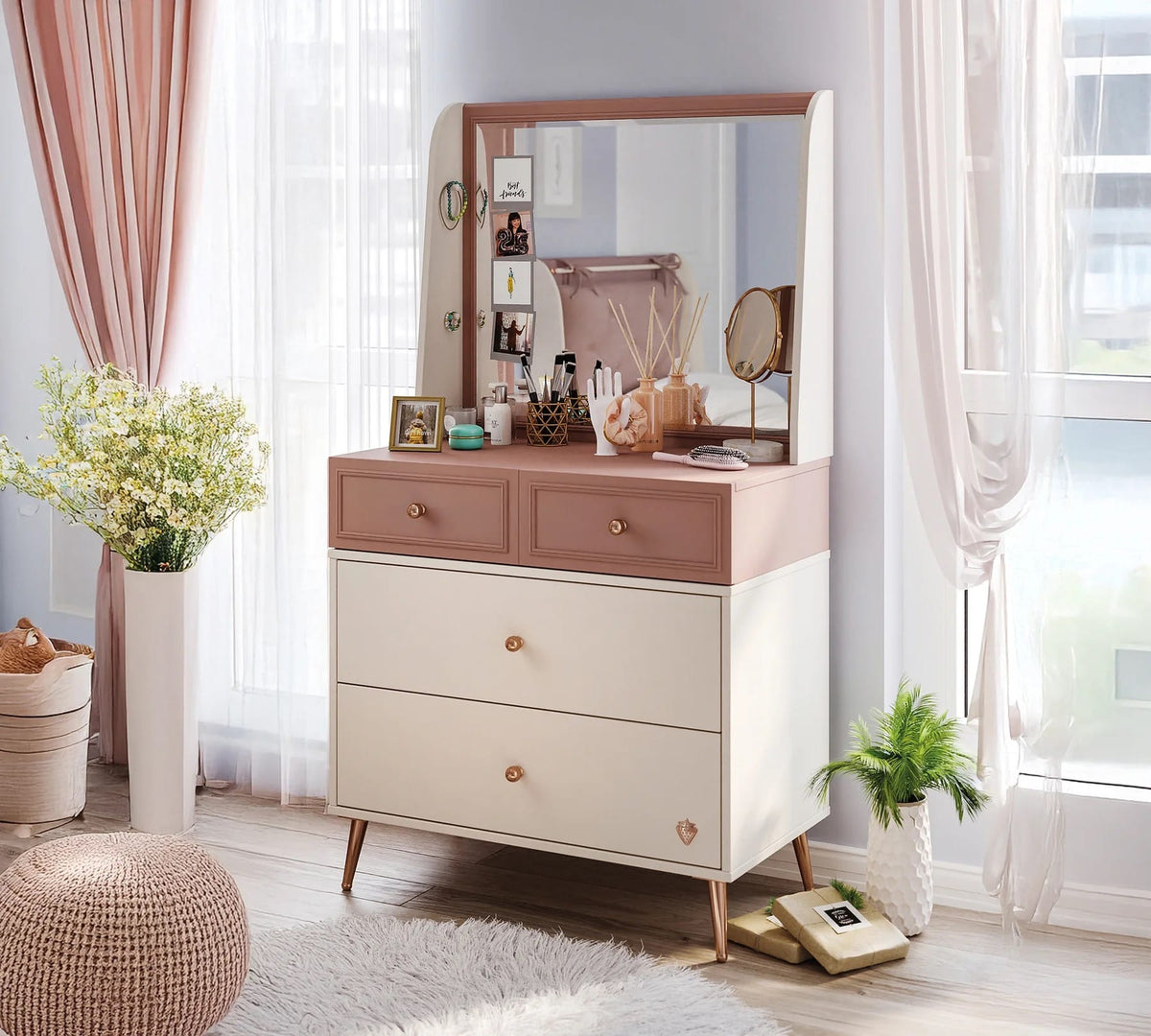 Comodă toaletă PEARL 80 cm lățime, 4 sertare, finisaj rose dust, alb ivory, accente rose gold