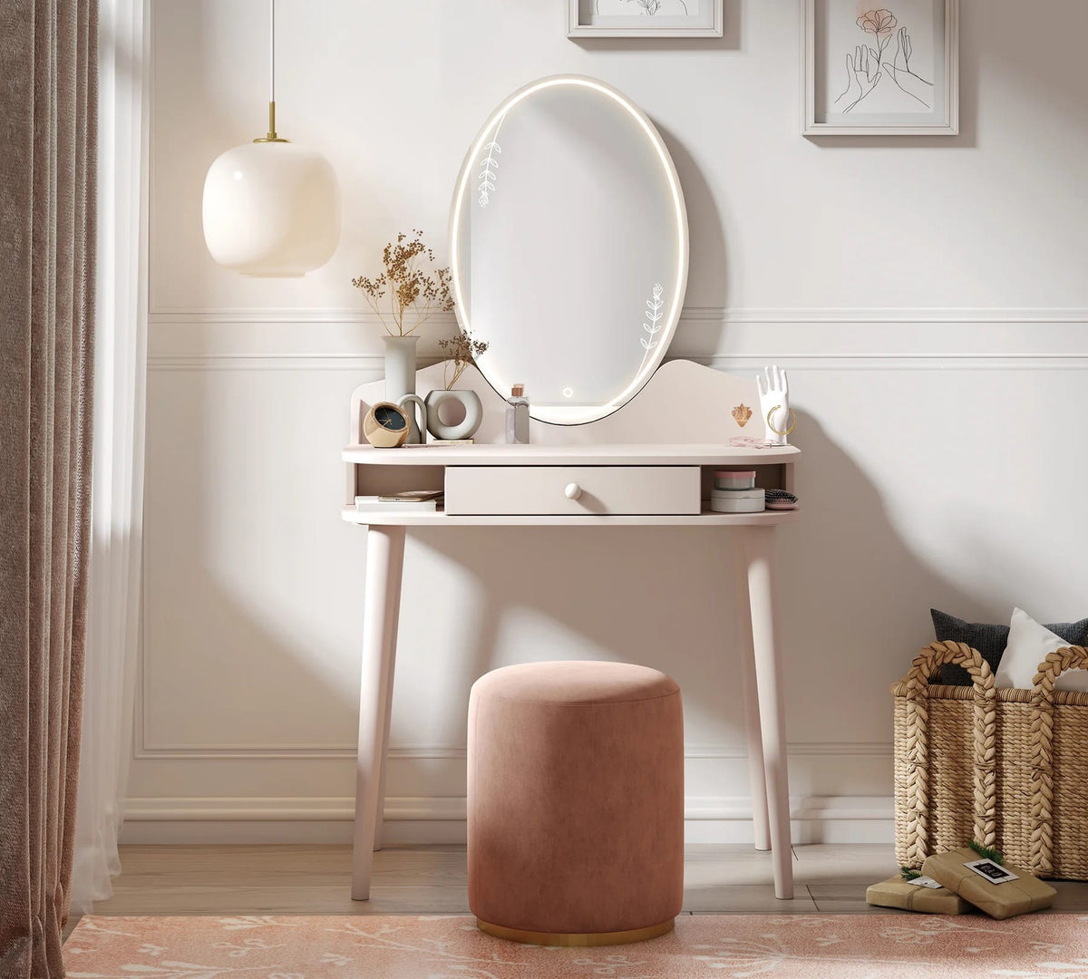 Masă toaletă PEARL 80 cm lățime, oglindă LED, sertar organizator, finisaj ivory, roz pudră