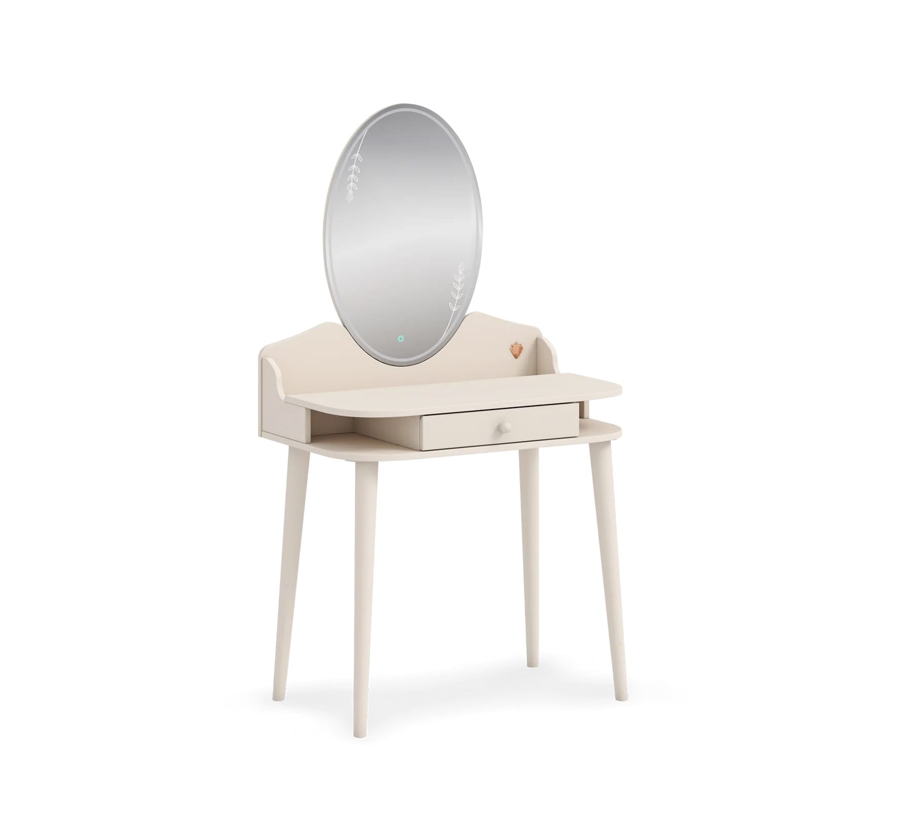 Masă toaletă PEARL 80 cm lățime, oglindă LED, sertar organizator, finisaj ivory, roz pudră