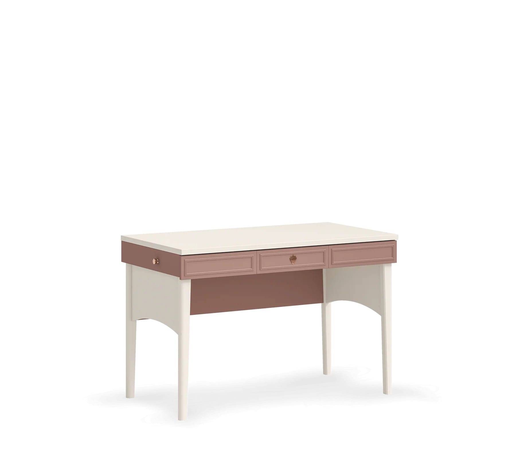 Birou PEARL 117 cm lungime, 3 sertare, organizator, etajeră, finisaj alb mat, roz pudră
