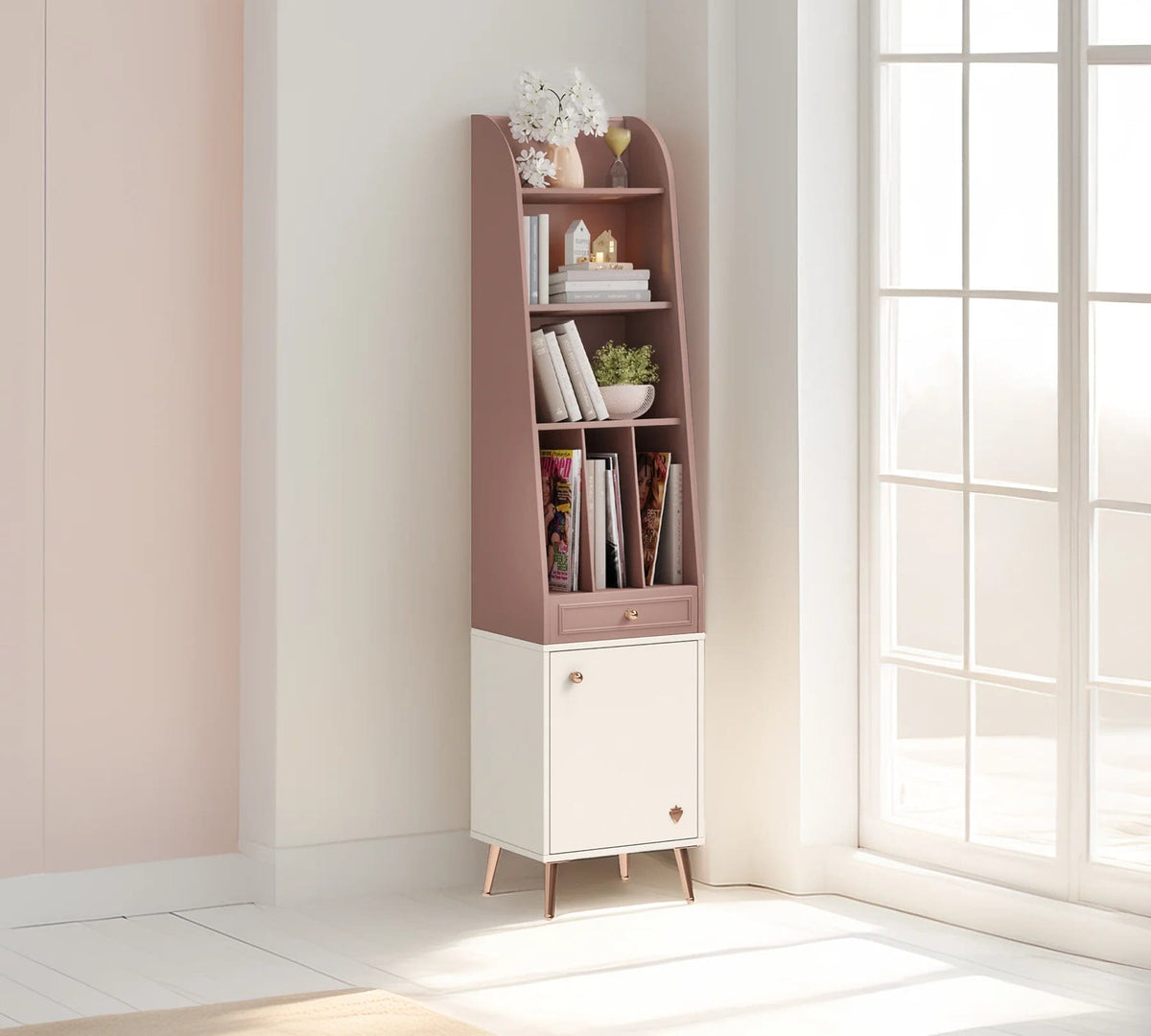 Bibliotecă PEARL 44 cm lățime, finisaj rose dust, alb ivory, 1 sertar, dulap inferior