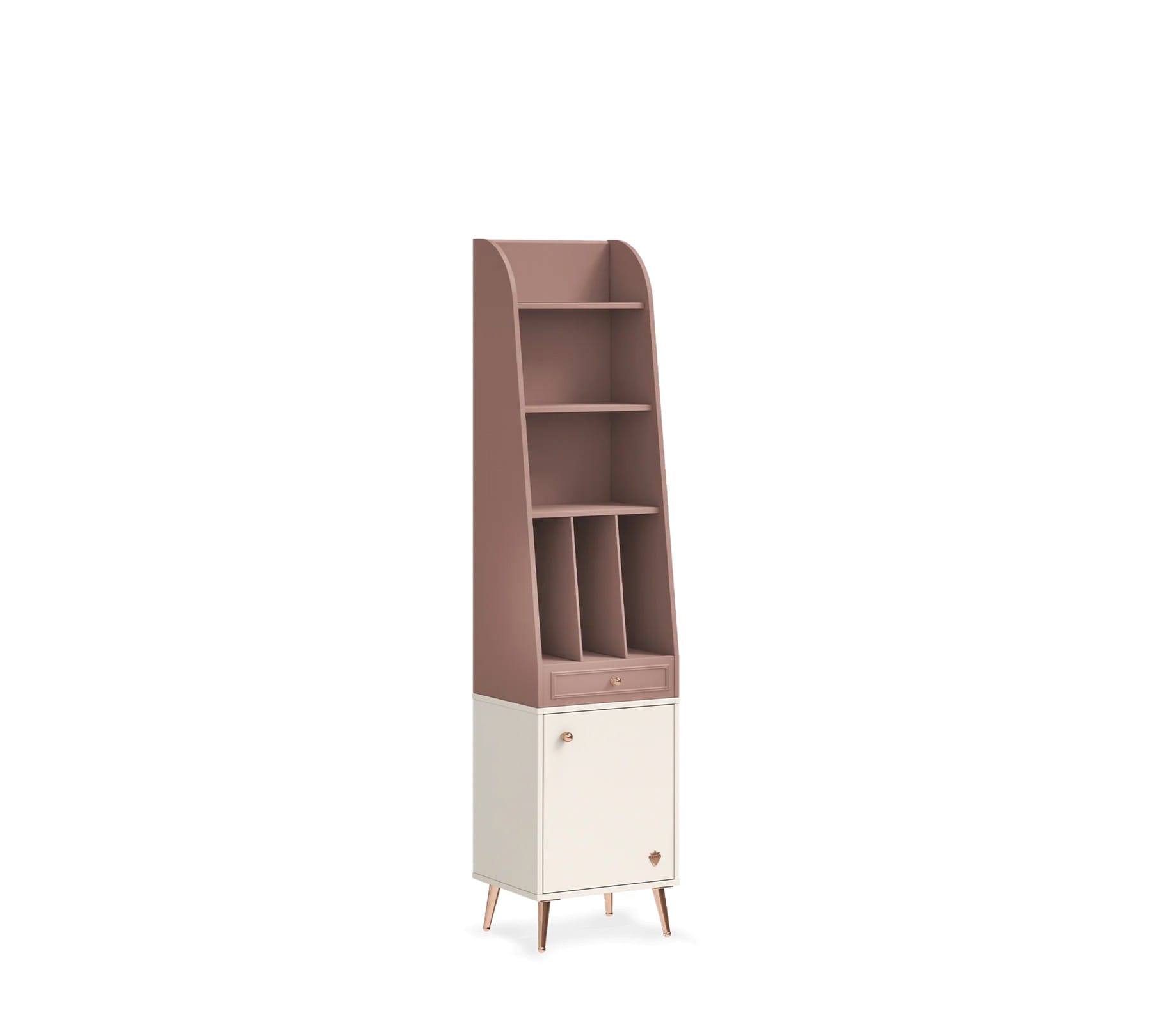 Bibliotecă PEARL 44 cm lățime, finisaj rose dust, alb ivory, 1 sertar, dulap inferior