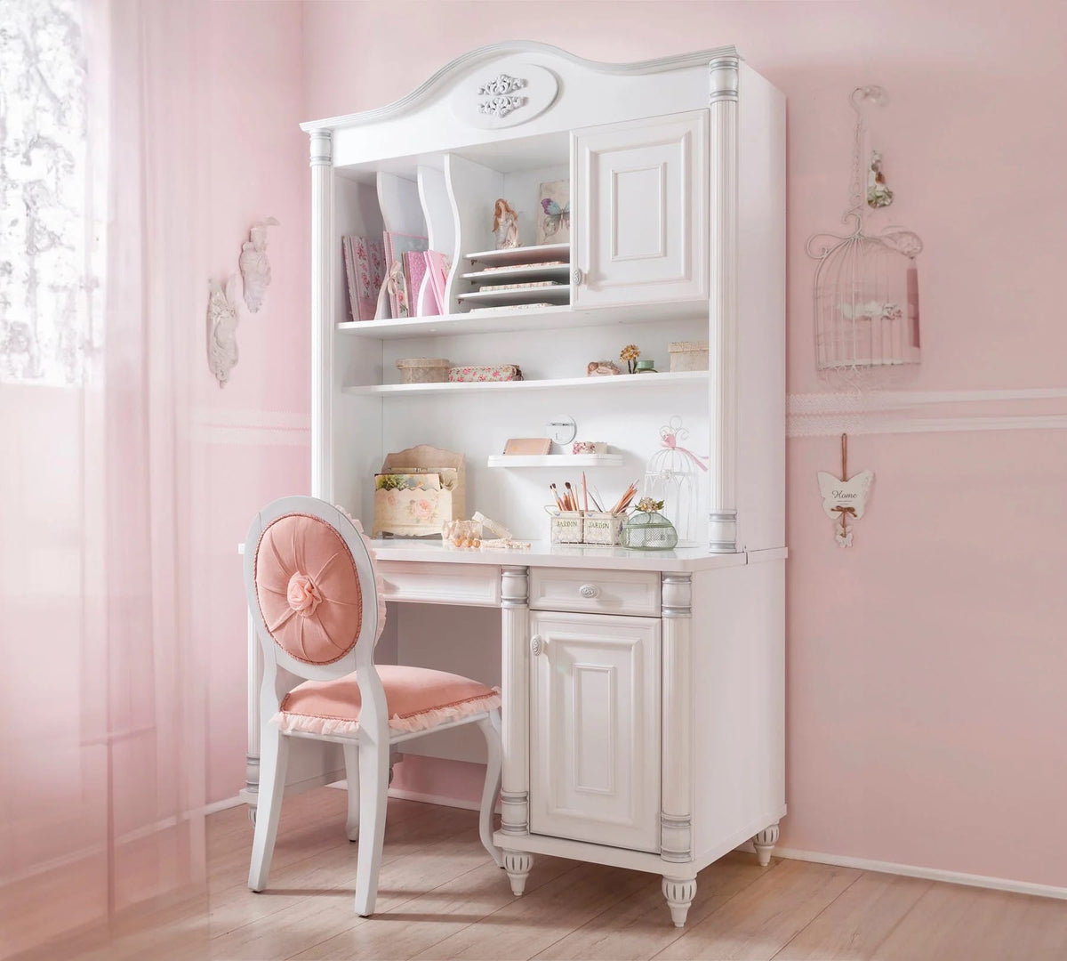 Birou BELLE 117 cm lățime, etajeră integrată, finisaj alb, accente patinate, sertar, dulap lateral