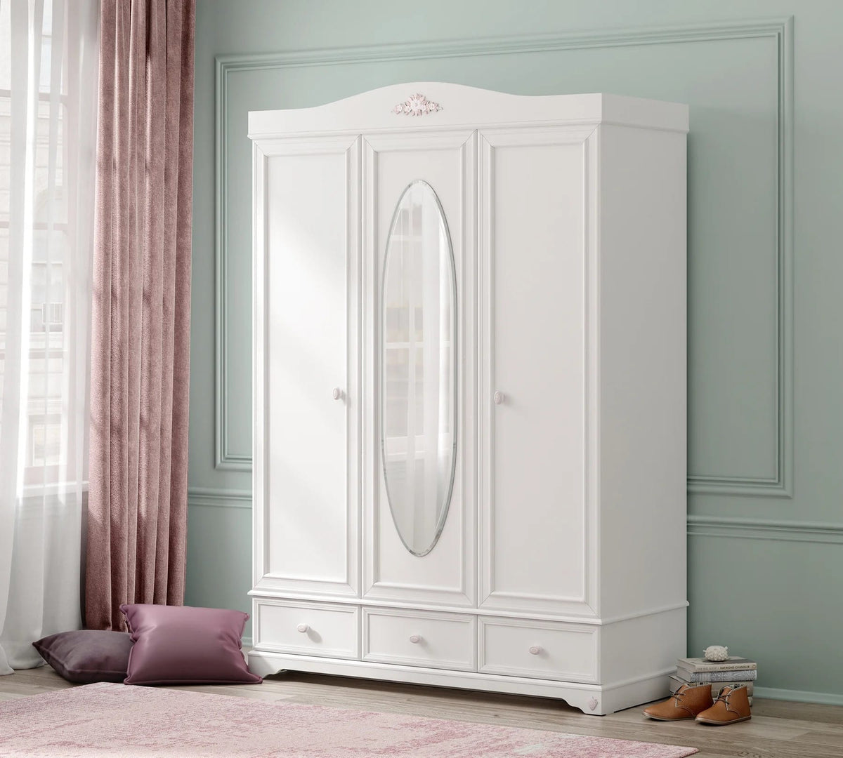 Dulap BUTTERFLY 140 cm lungime, 3 uși batante cu oglindă, finisaj alb satinat, 3 sertare