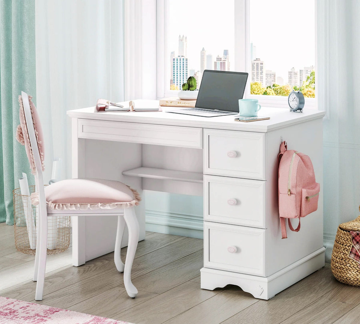 Birou BUTTERFLY 108 cm lungime, 3 sertare cu organizator, finisaj alb satinat
