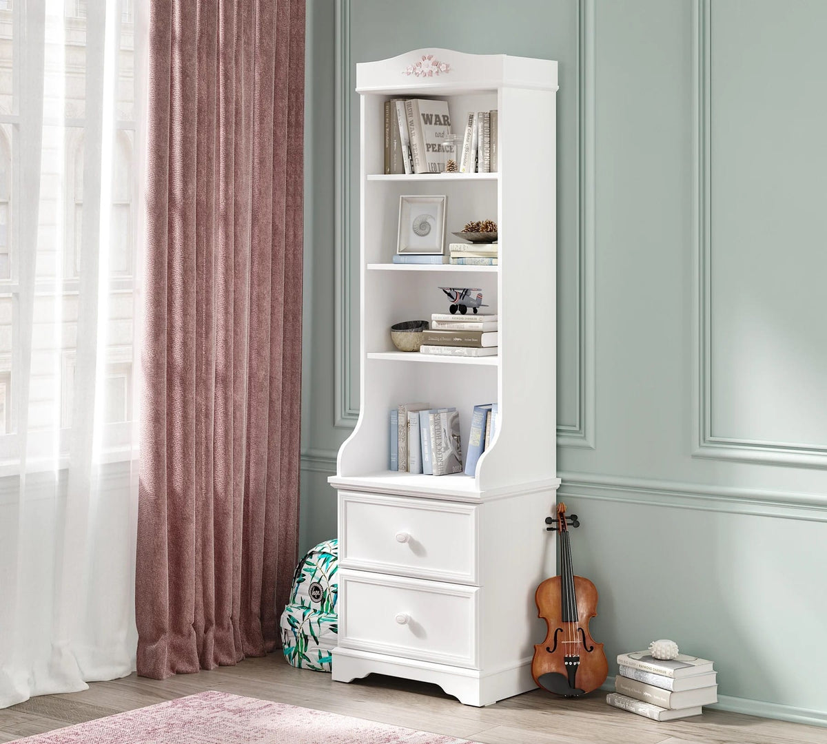 Bibliotecă BUTTERFLY 54 cm lățime, finisaj alb soft-mat, 2 sertare, rafturi deschise