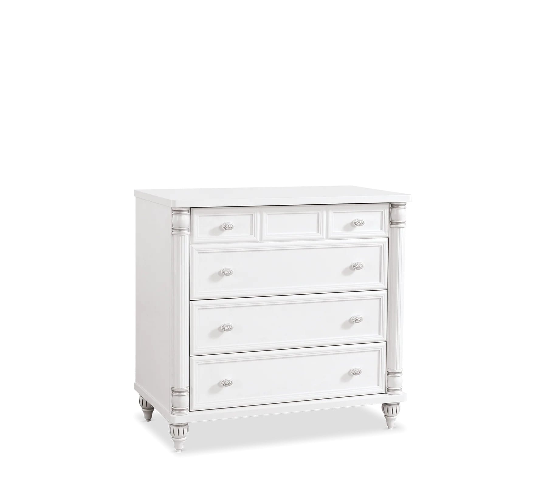 Comodă AMELIE 90 cm lungime, 4 sertare, finisaj alb antique, accente argintii