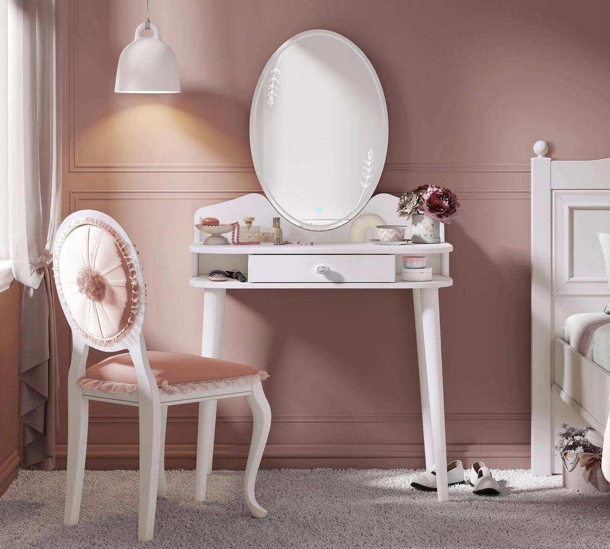 Masă toaletă AMELIE 80 cm lățime, oglindă LED, sertar organizator, finisaj alb satinat