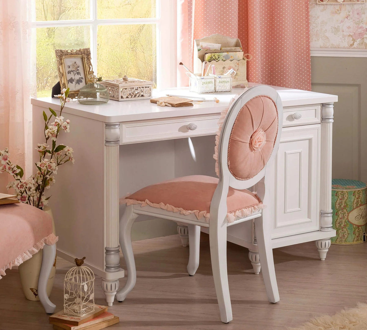 Birou BELLE 117 cm lungime, finisaj alb mat, 2 sertare, dulap lateral