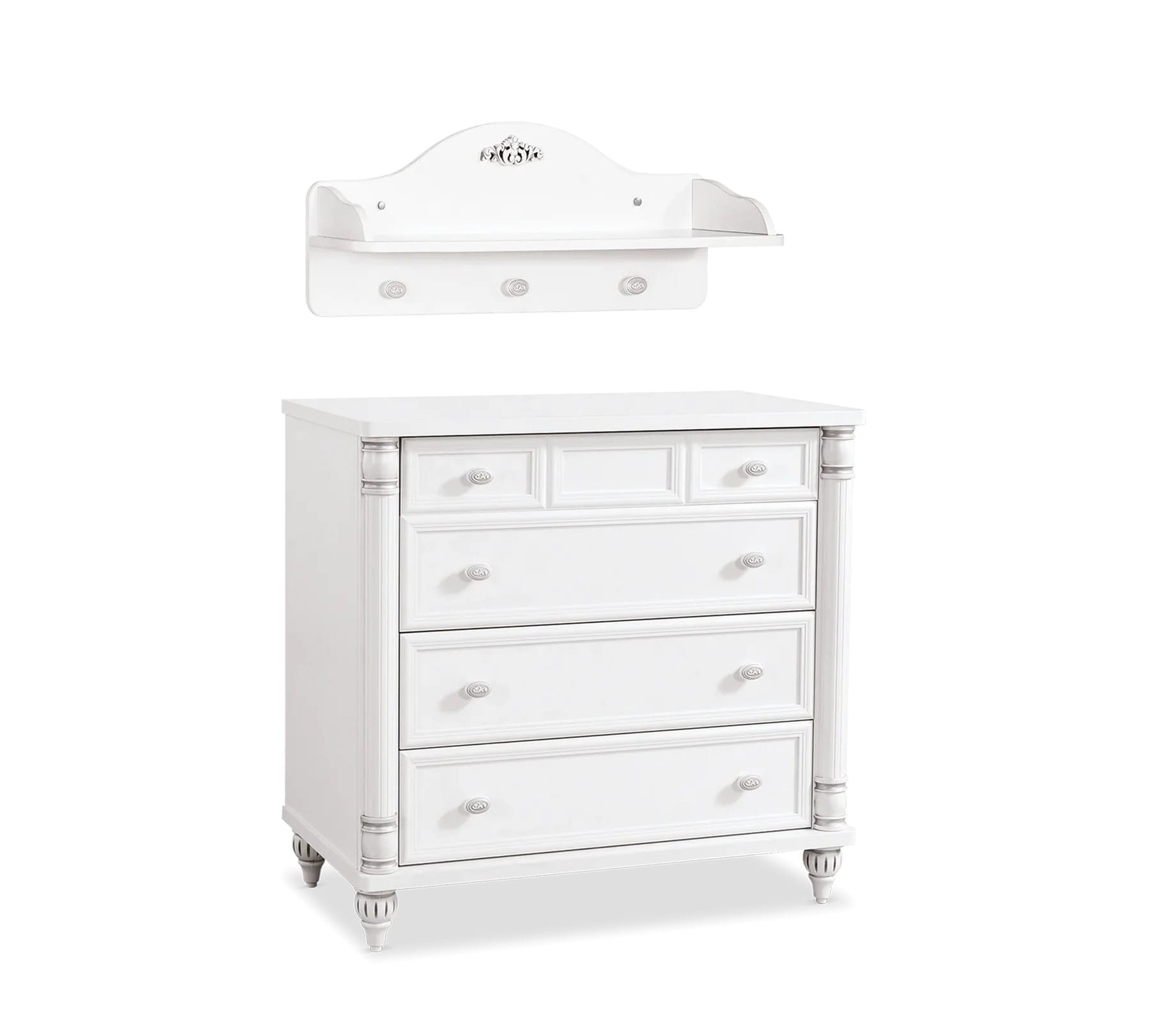 Raft perete BELLE 75 cm lungime, finisaj alb mat, 3 agățători, ornament floral