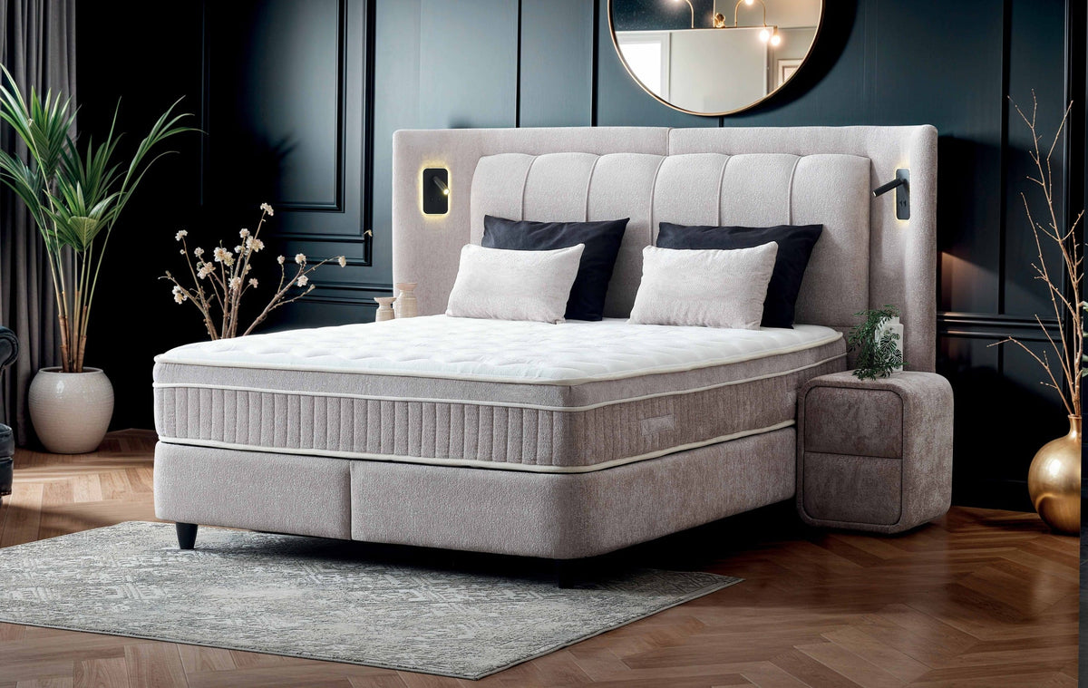 Pat Boxspring JULIE cu ladă de depozitare, structură metalică, saltea premium cu topper integrat, LED-uri incorporate