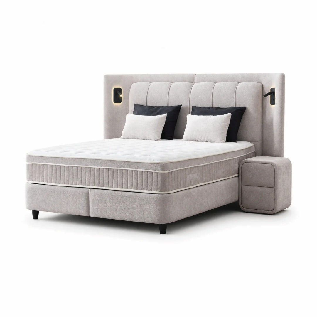 Pat Boxspring JULIE cu ladă de depozitare, structură metalică, saltea premium cu topper integrat, LED-uri incorporate
