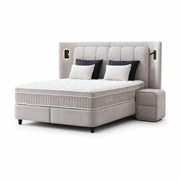 Pat Boxspring JULIE cu ladă de depozitare, structură metalică, saltea premium cu topper integrat, LED-uri incorporate