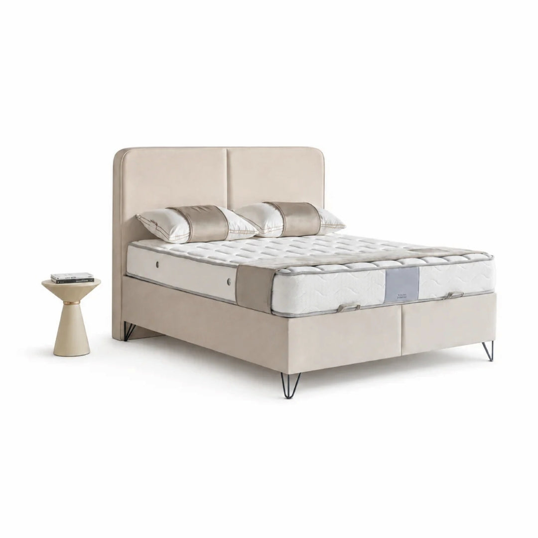 Pat Boxspring LEDA cu ladă de depozitare, structură metalică, saltea premium