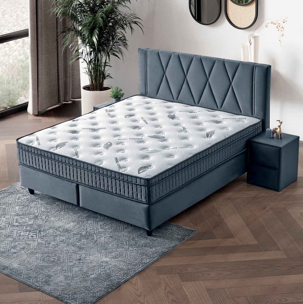 Pat Boxspring LOFT cu ladă de depozitare, structură metalică, saltea premium cu topper integrat