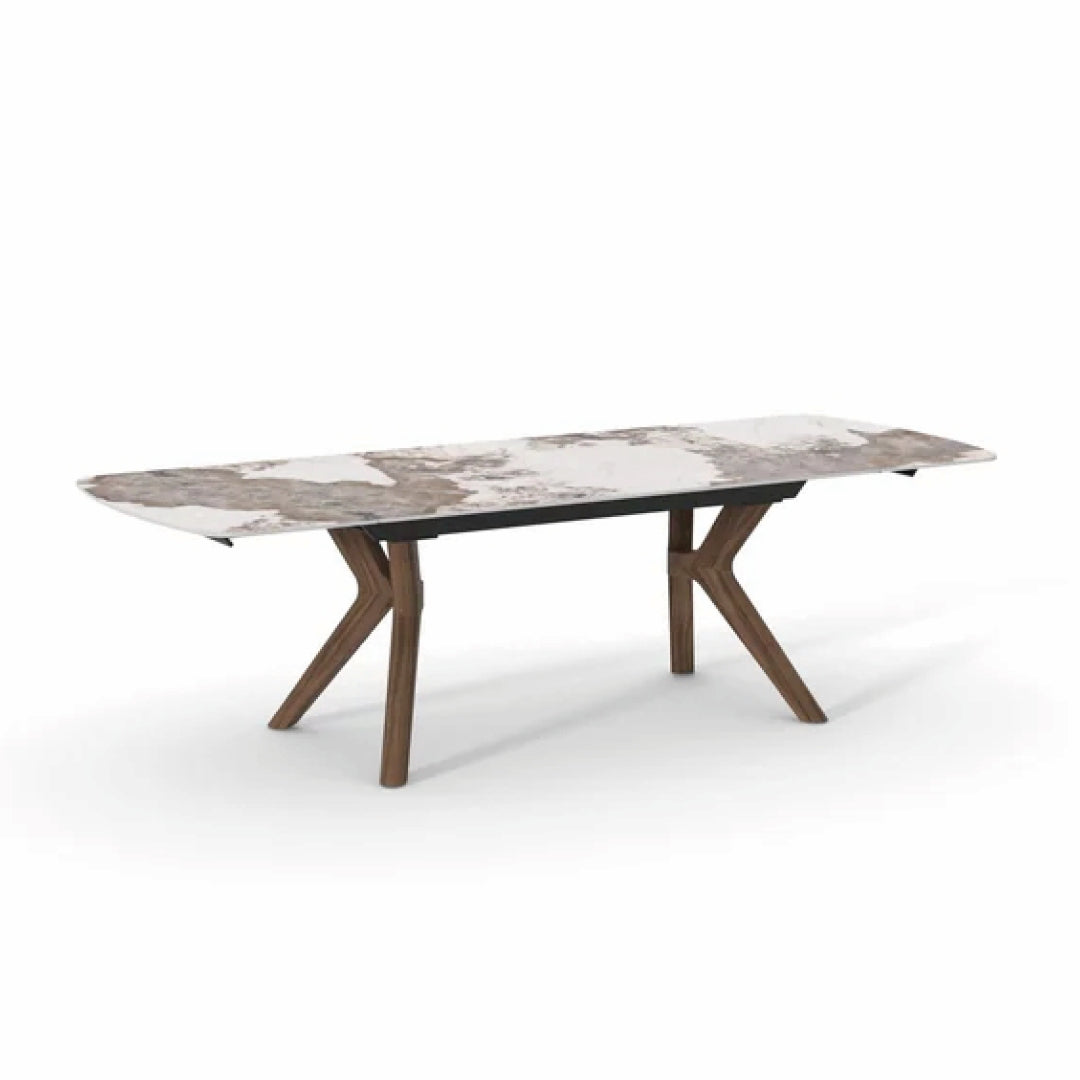 Masă dining extensibilă LINEA 180–260 cm lungime, blat ceramic, finisaj marmură, picioare lemn masiv nuc