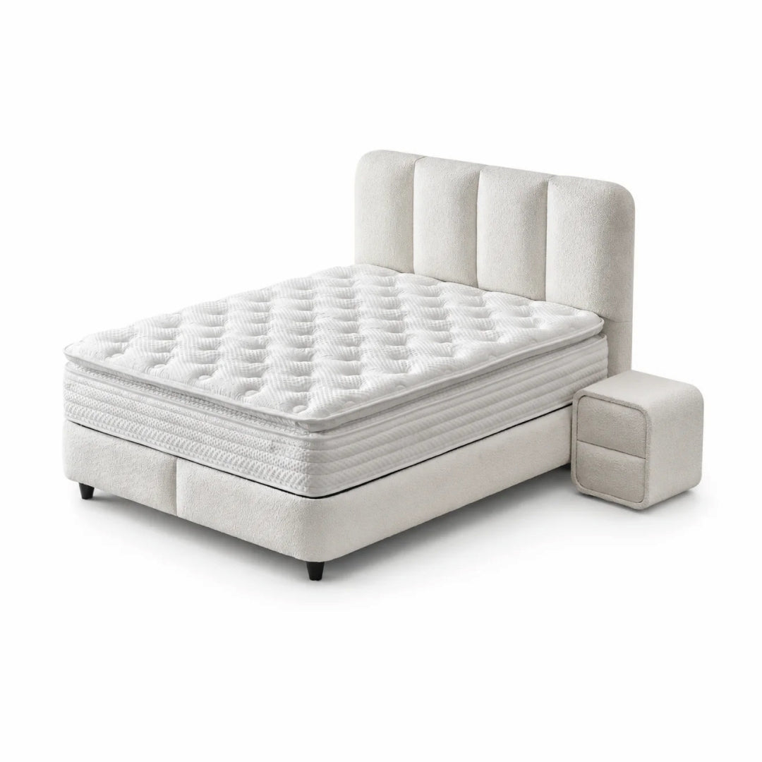 Pat Boxspring LONDON cu ladă de depozitare, structură metalică, saltea premium cu topper integrat