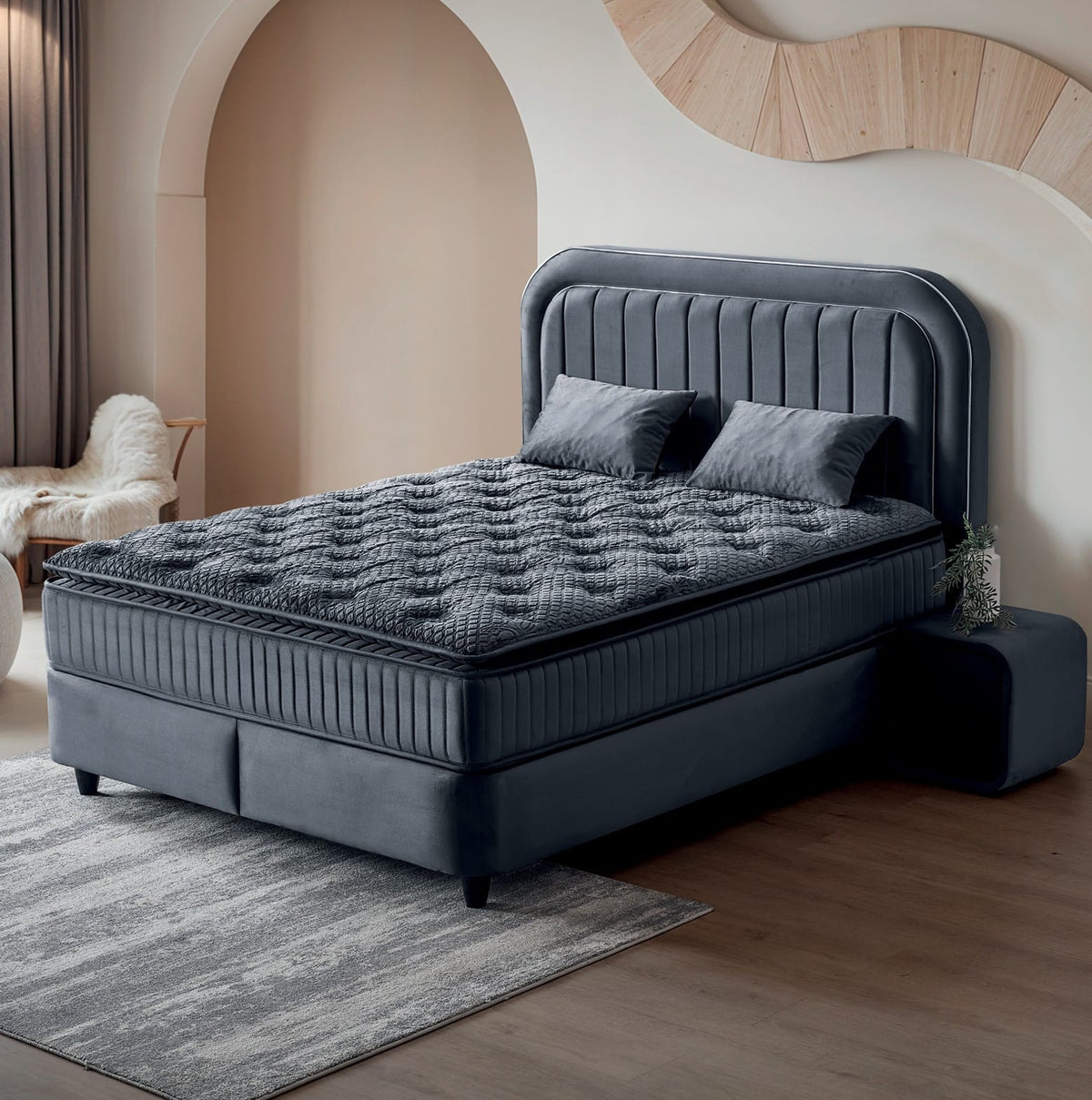 Pat Boxspring MADRID cu ladă de depozitare, structură metalică, saltea premium cu topper integrat