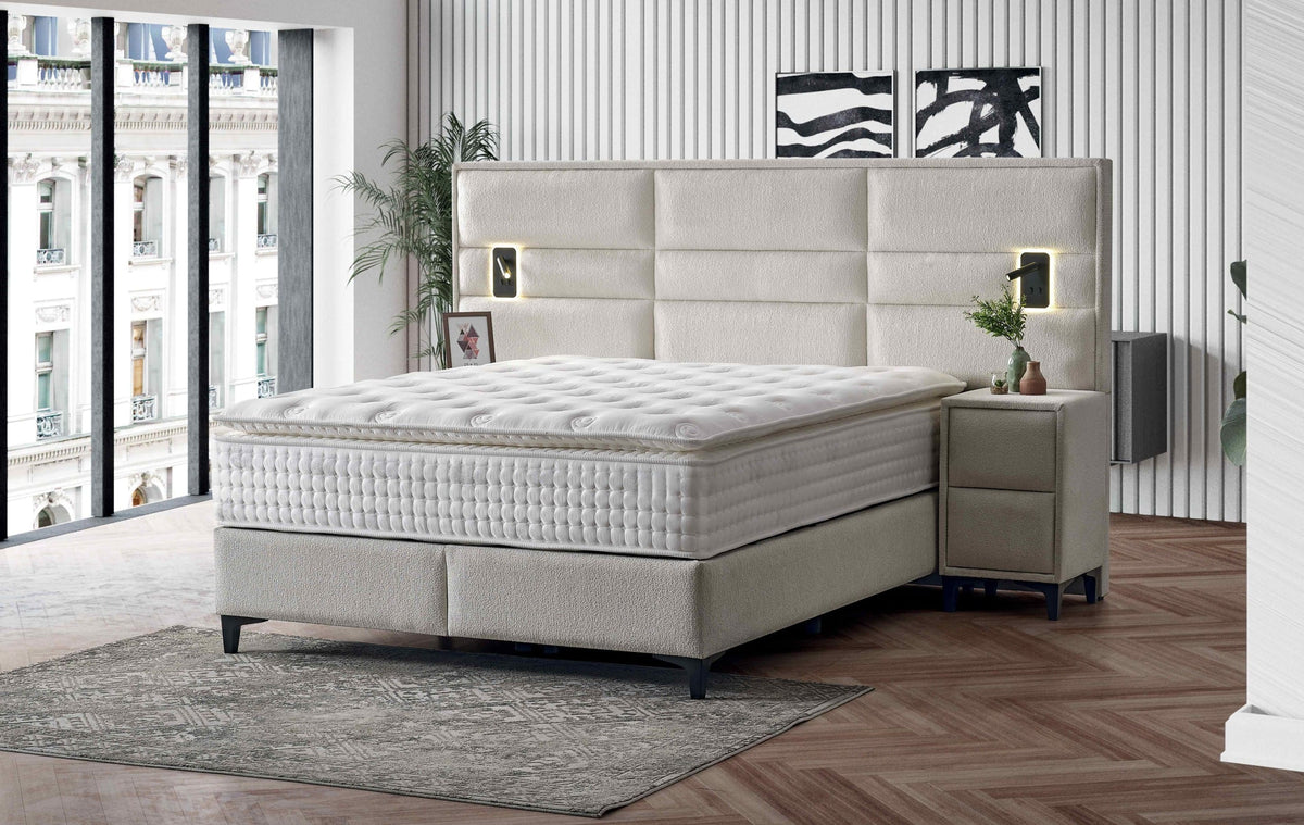 Pat Boxspring MATHILDA cu ladă de depozitare, structură metalică, saltea premium cu topper integrat, LED-uri incorporate