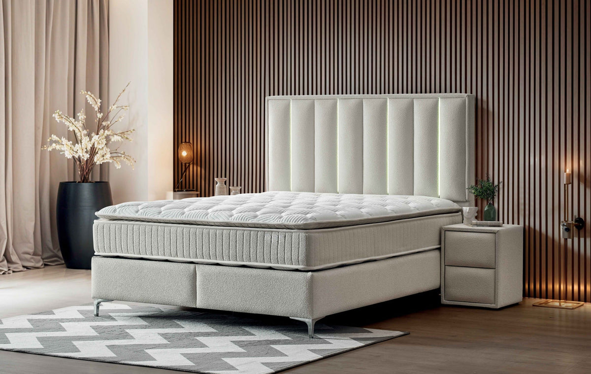 Pat Boxspring MINI STARLIGHT cu ladă de depozitare, structură metalică, saltea premium cu topper integrat, LED-uri incorporate