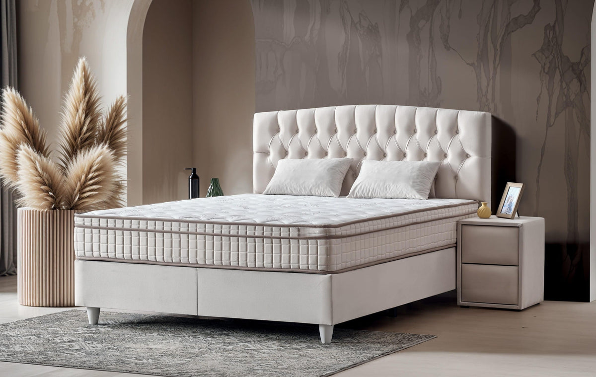 Pat Boxspring MONZA cu ladă de depozitare, structură metalică, saltea premium cu topper integrat