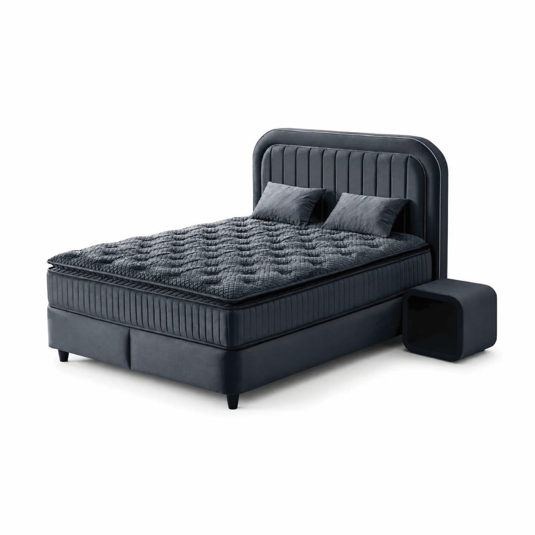 Pat Boxspring MADRID cu ladă de depozitare, structură metalică, saltea premium cu topper integrat