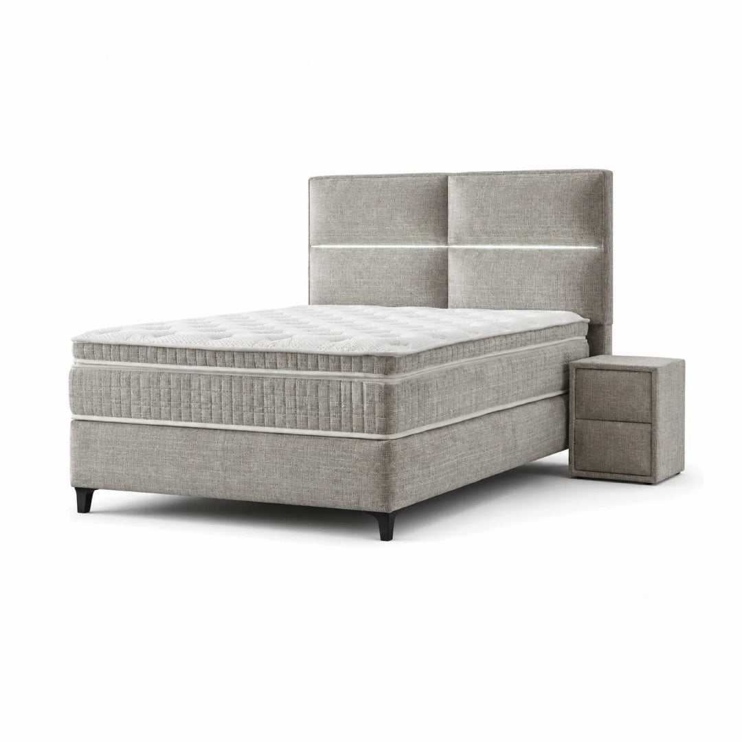 Pat Boxspring MAJESTIC cu ladă de depozitare, structură metalică, saltea premium cu topper integrat, LED-uri integrate