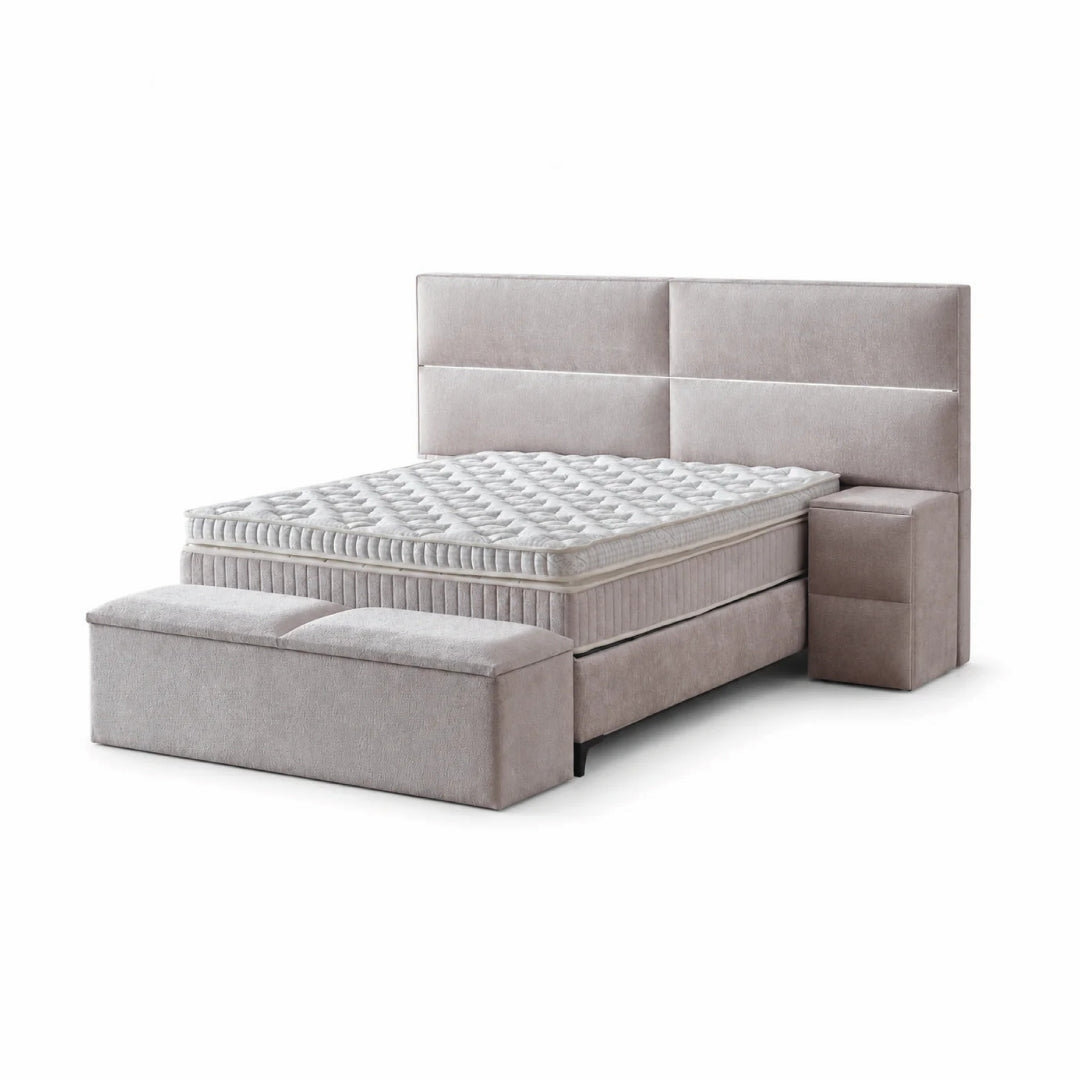 Pat Boxspring MAJESTIC XL cu ladă de depozitare, structură metalică, saltea premium cu topper integrat, LED-uri incorporate