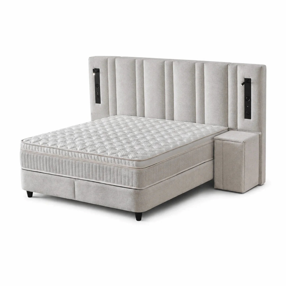 Pat Boxspring MARSILYA cu ladă de depozitare, structură metalică, saltea premium cu topper integrat, LED-uri incorporate