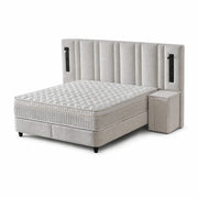 Pat Boxspring MARSILYA cu ladă de depozitare, structură metalică, saltea premium cu topper integrat, LED-uri incorporate