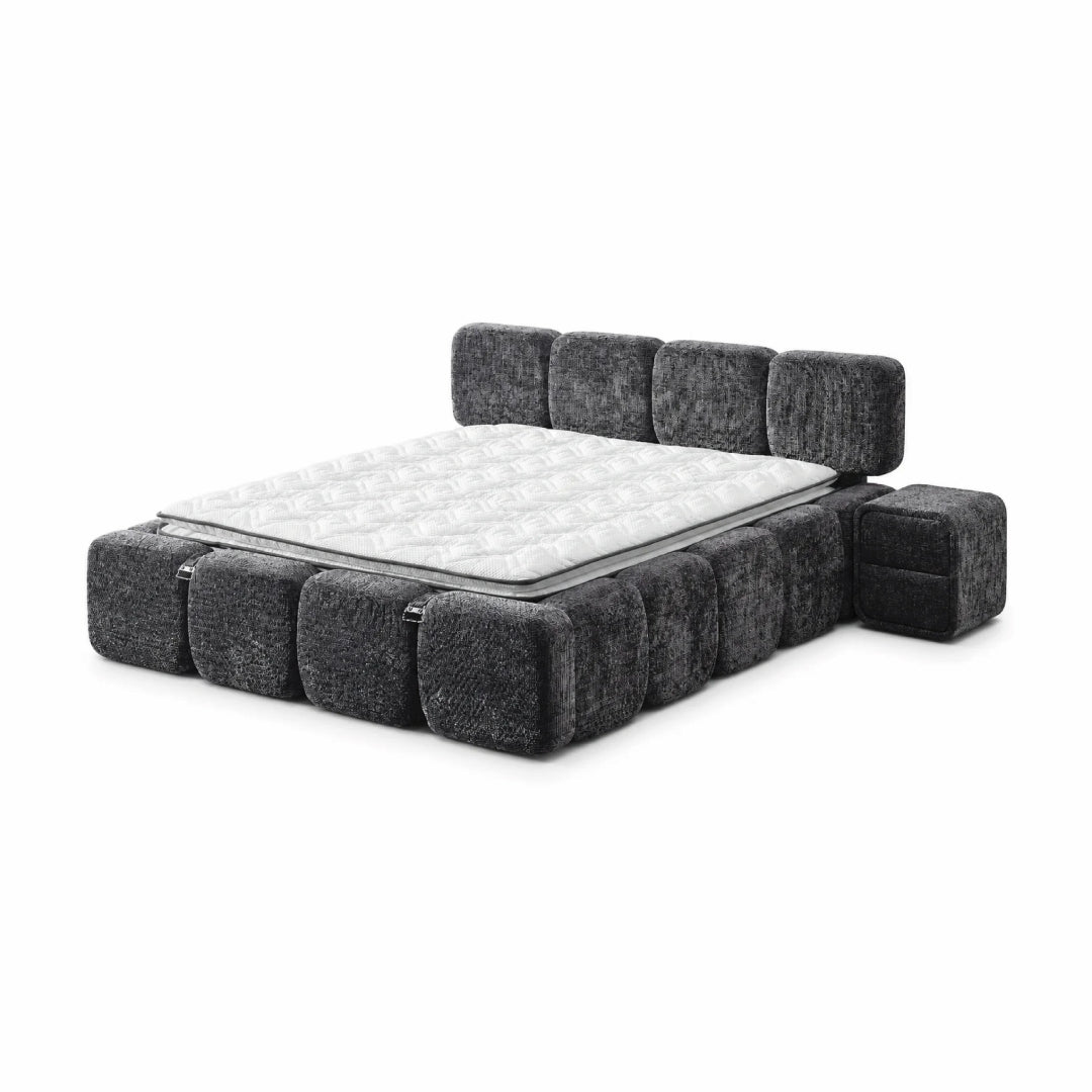 Pat Boxspring MARVEO cu ladă de depozitare, structură metalică, saltea premium cu topper integrat