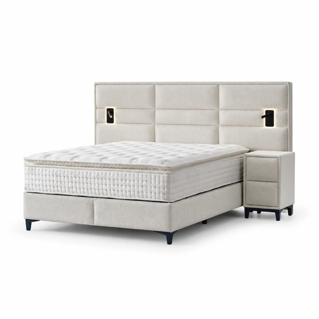 Pat Boxspring MATHILDA cu ladă de depozitare, structură metalică, saltea premium cu topper integrat, LED-uri incorporate