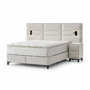 Pat Boxspring MATHILDA cu ladă de depozitare, structură metalică, saltea premium cu topper integrat, LED-uri incorporate