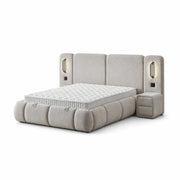 Pat Boxspring MERIVO LUX cu ladă de depozitare, structură metalică, saltea premium, LED-uri incorporate