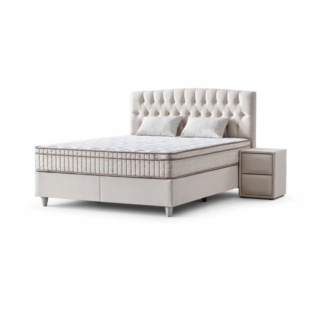Pat Boxspring MONZA cu ladă de depozitare, structură metalică, saltea premium cu topper integrat