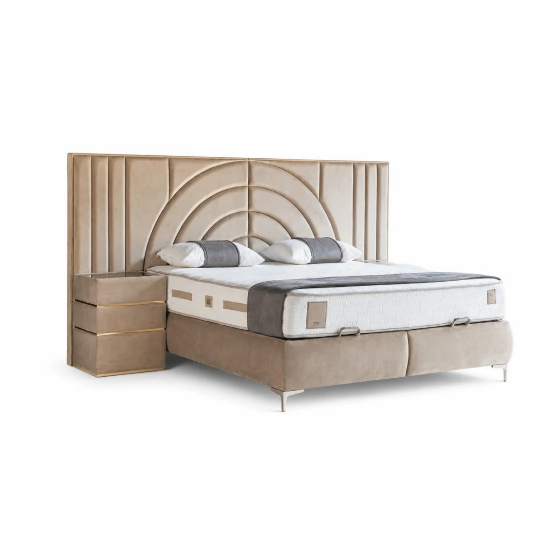 Pat Boxspring MOON cu ladă de depozitare, structură metalică, saltea premium