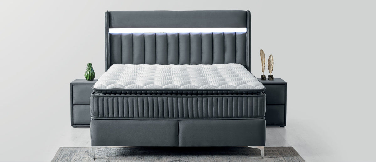 Pat Boxspring ODESSA cu ladă de depozitare, structură metalică, saltea premium cu topper integrat, LED-uri și charger USB incorporate