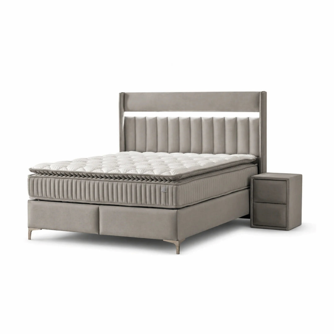 Pat Boxspring ODESSA cu ladă de depozitare, structură metalică, saltea premium cu topper integrat, LED-uri și charger USB incorporate