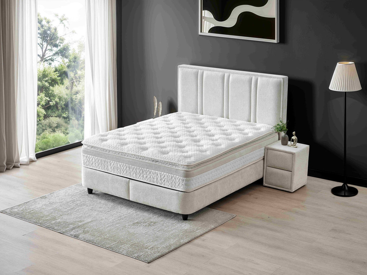 Pat Boxspring PAROS XL cu ladă de depozitare, structură metalică, saltea premium cu topper integrat
