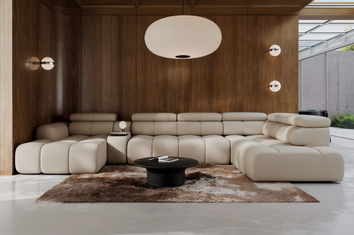 Colțar modular AVENTO, 398 cm lungime, formă „U”, extensibil electric, măsuță încorporată
