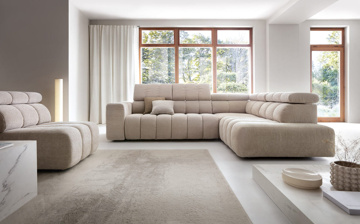 Colțar modular SIENNA 288 cm lungime, extensie electrica, formă "L", configurabil, tetiere reglabile
