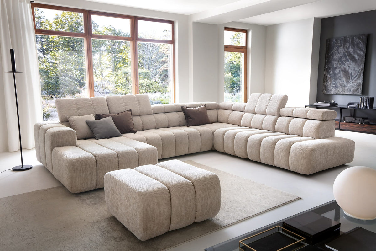 Colțar modular SIENNA 386 cm lungime, formă „U”, extensie electrică, tetiere reglabile, configurabil