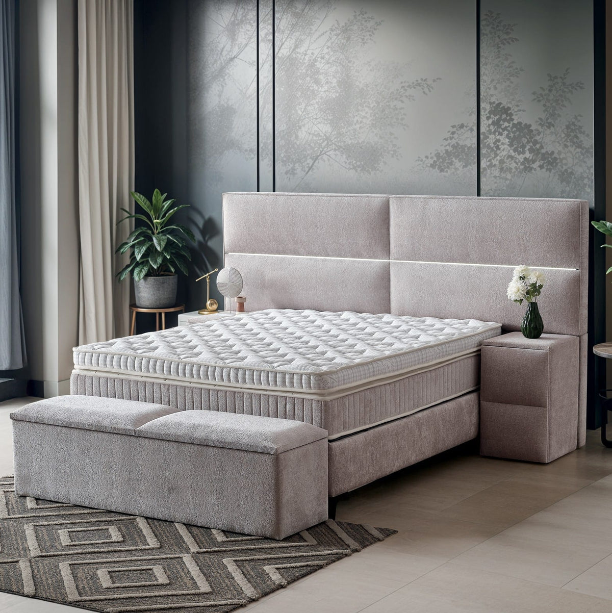 Pat Boxspring MAJESTIC XL cu ladă de depozitare, structură metalică, saltea premium cu topper integrat, LED-uri incorporate