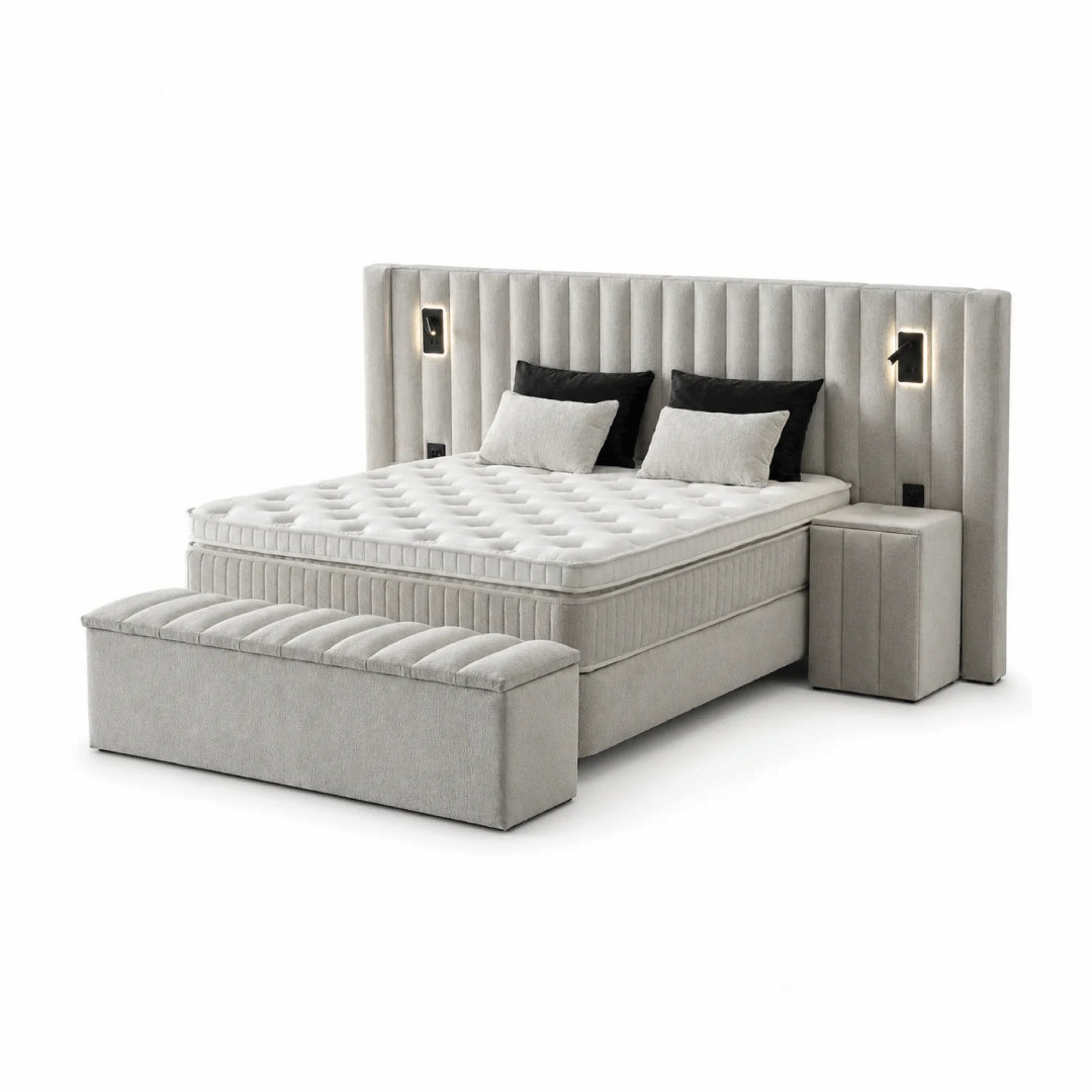 Pat Boxspring PALAZO cu ladă de depozitare, structură metalică, saltea premium cu topper integrat, LED-uri incorporate