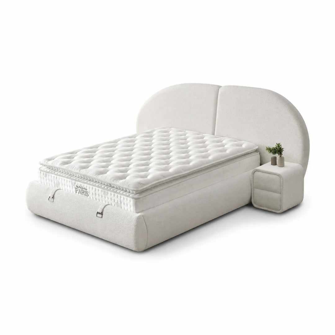 Pat Boxspring PARIS cu ladă de depozitare, structură metalică, saltea premium cu topper integrat
